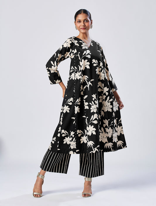 Black floral kurta set with striped pajama