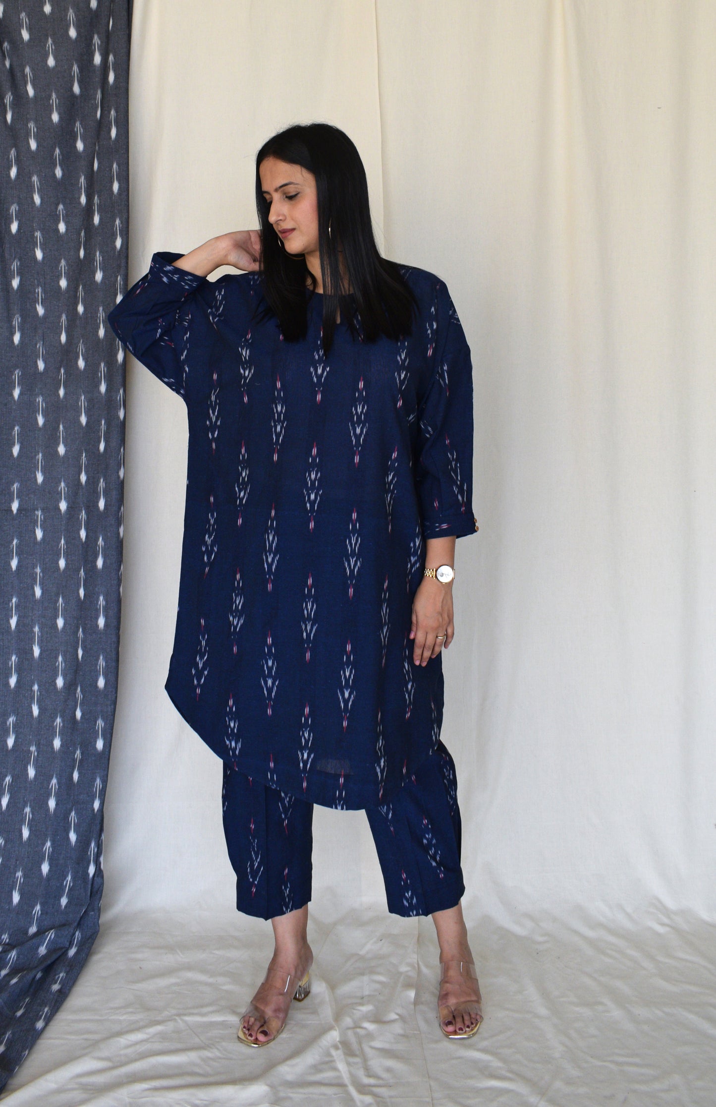Navy blue ikat trouser with box pleat