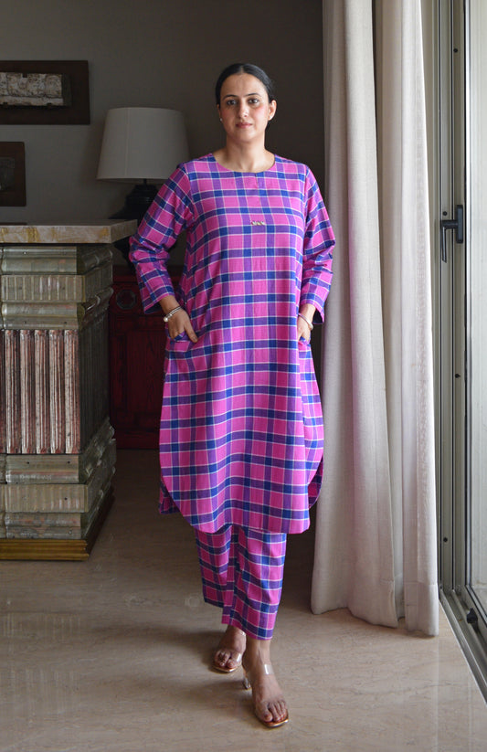 Orchid Pink Co-ord Set in Handwoven Cotton Checks