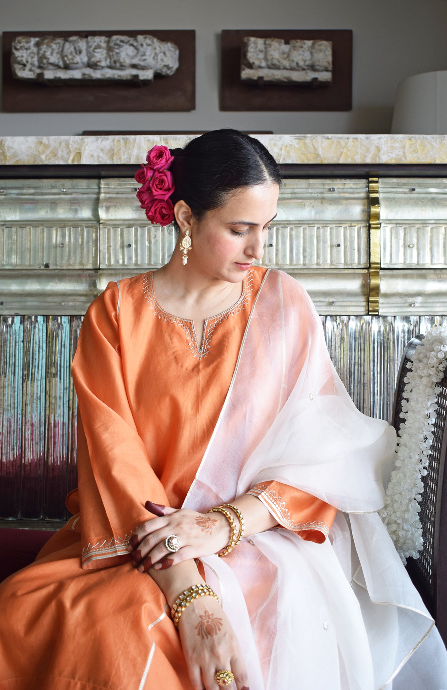 Neerja Chanderi Set with Hand Embroidered Phiran Kurta and Wide Legged Pyjama