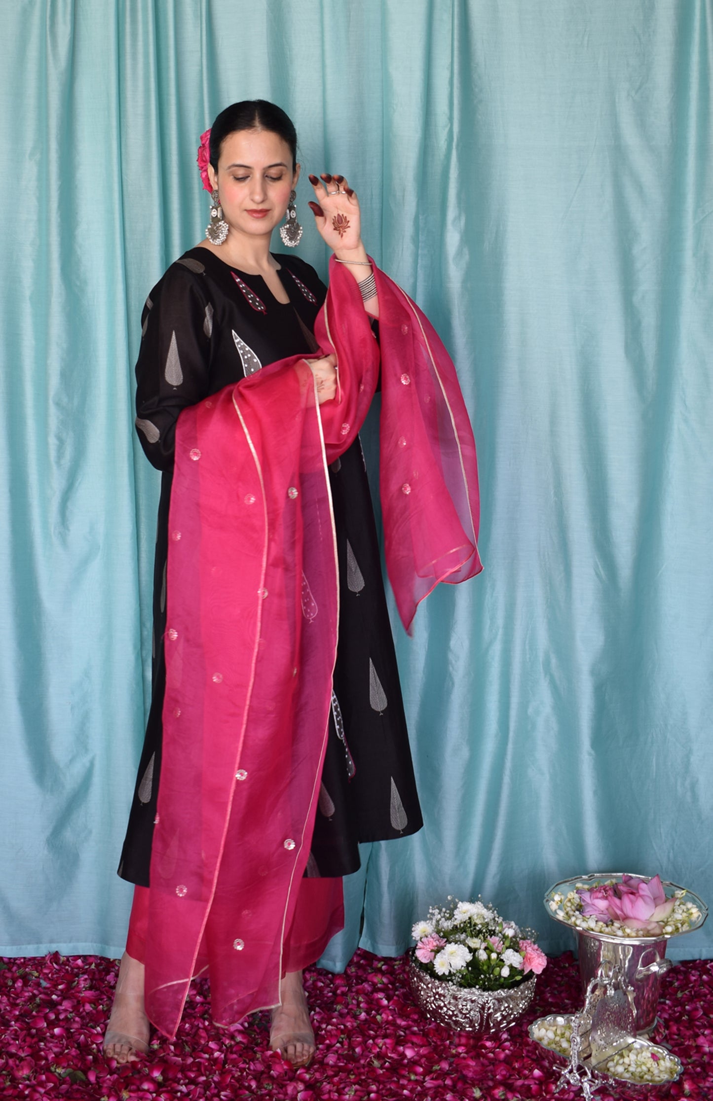Shyam Chanderi Set with Rani Pink Silk Organza Dupatta