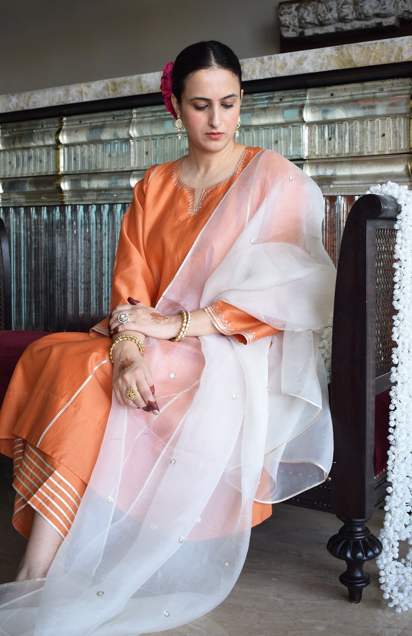 Off White Silk Organza Hand Embroidered Dupatta