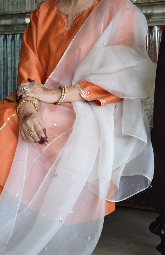 Off White Silk Organza Hand Embroidered Dupatta