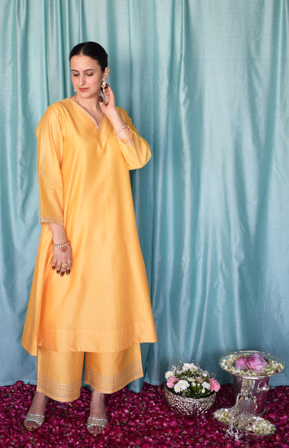 Kanak Chanderi Set with Hand Embroidered A line Kurta and Wide Legged Pyjama