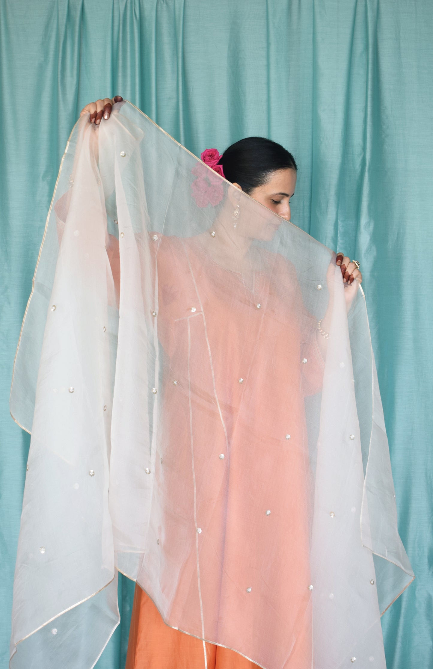 Off White Silk Organza Hand Embroidered Dupatta