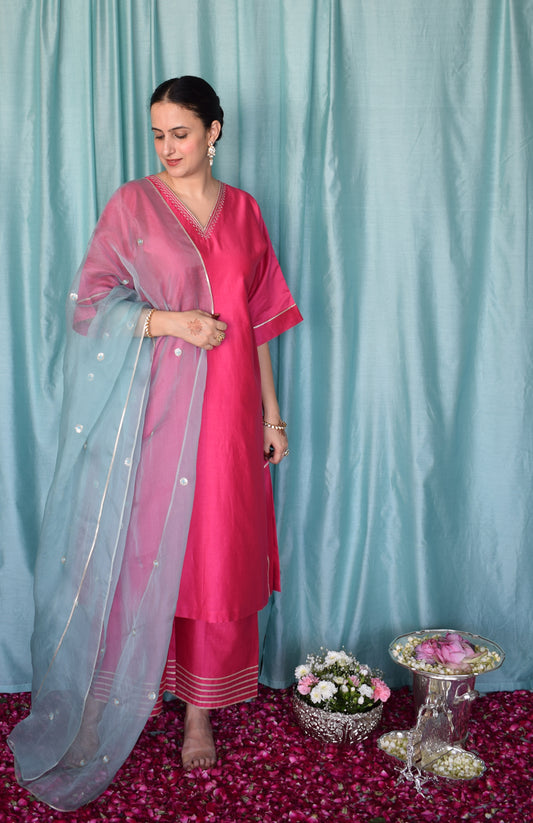 Rohini Chanderi Set with Sea Green Silk Organza Dupatta