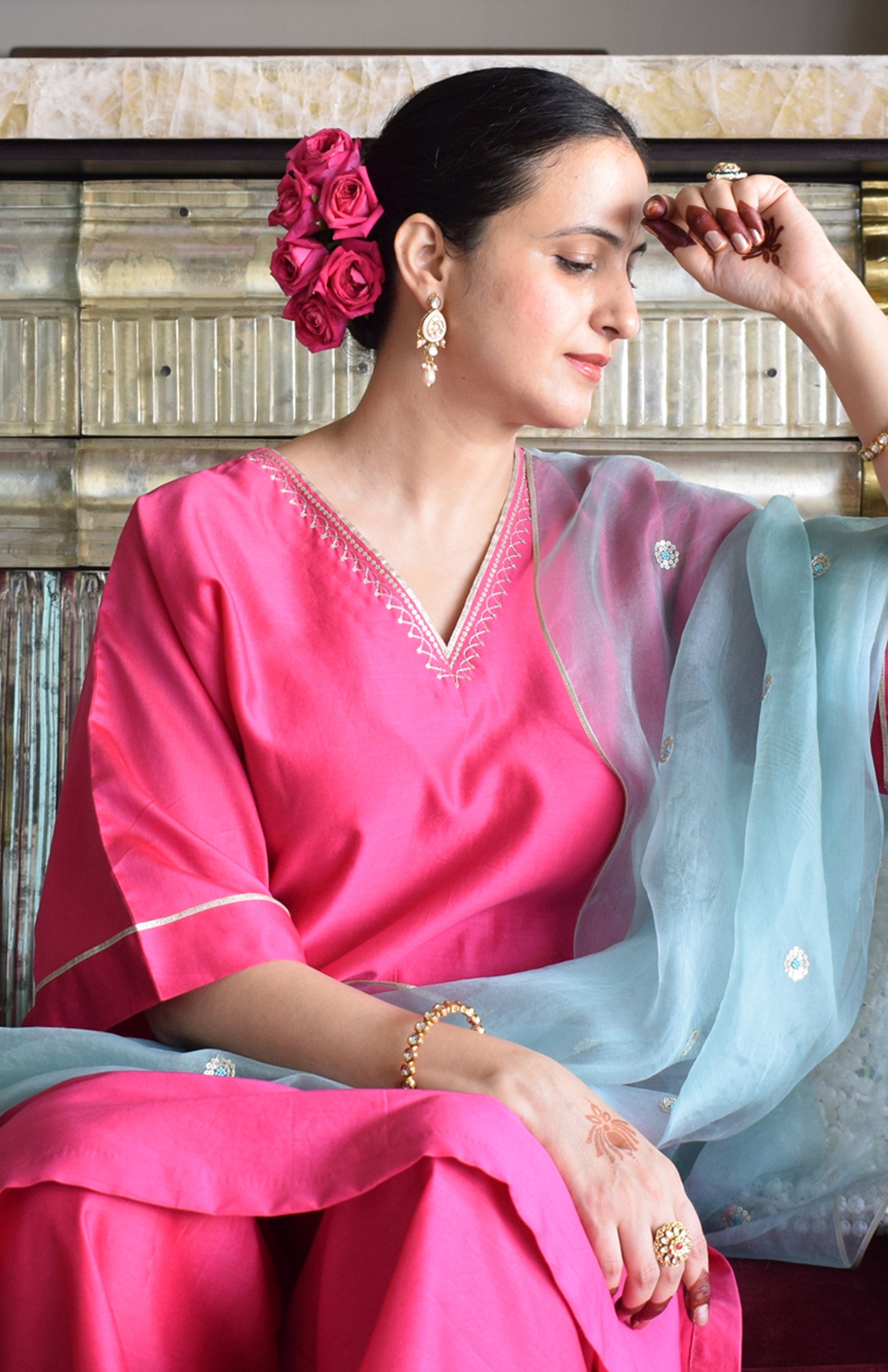 Rohini Chanderi Set with Sea Green Silk Organza Dupatta