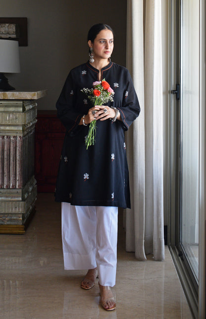 Black Jamdani Short Kurta with Pleated White Pyjama