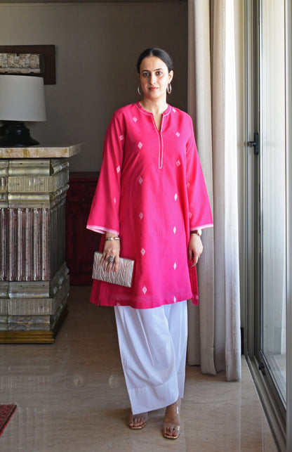 Rani Pink Jamdani Short Kurta with Pleated White Pyjama
