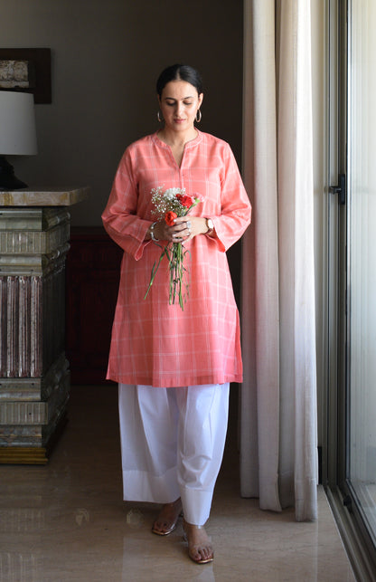 Pink and White Short Kurta in Handwoven Cotton Checks