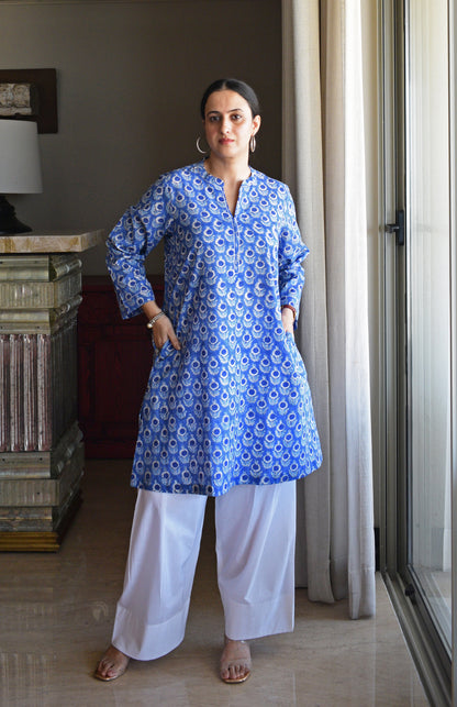 Blue Hand Block Printed Short Kurta