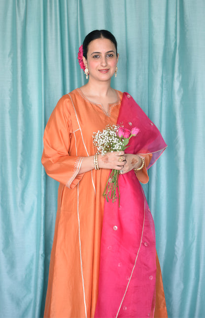 Neerja Chanderi Set with Rani Pink Silk Organza Dupatta