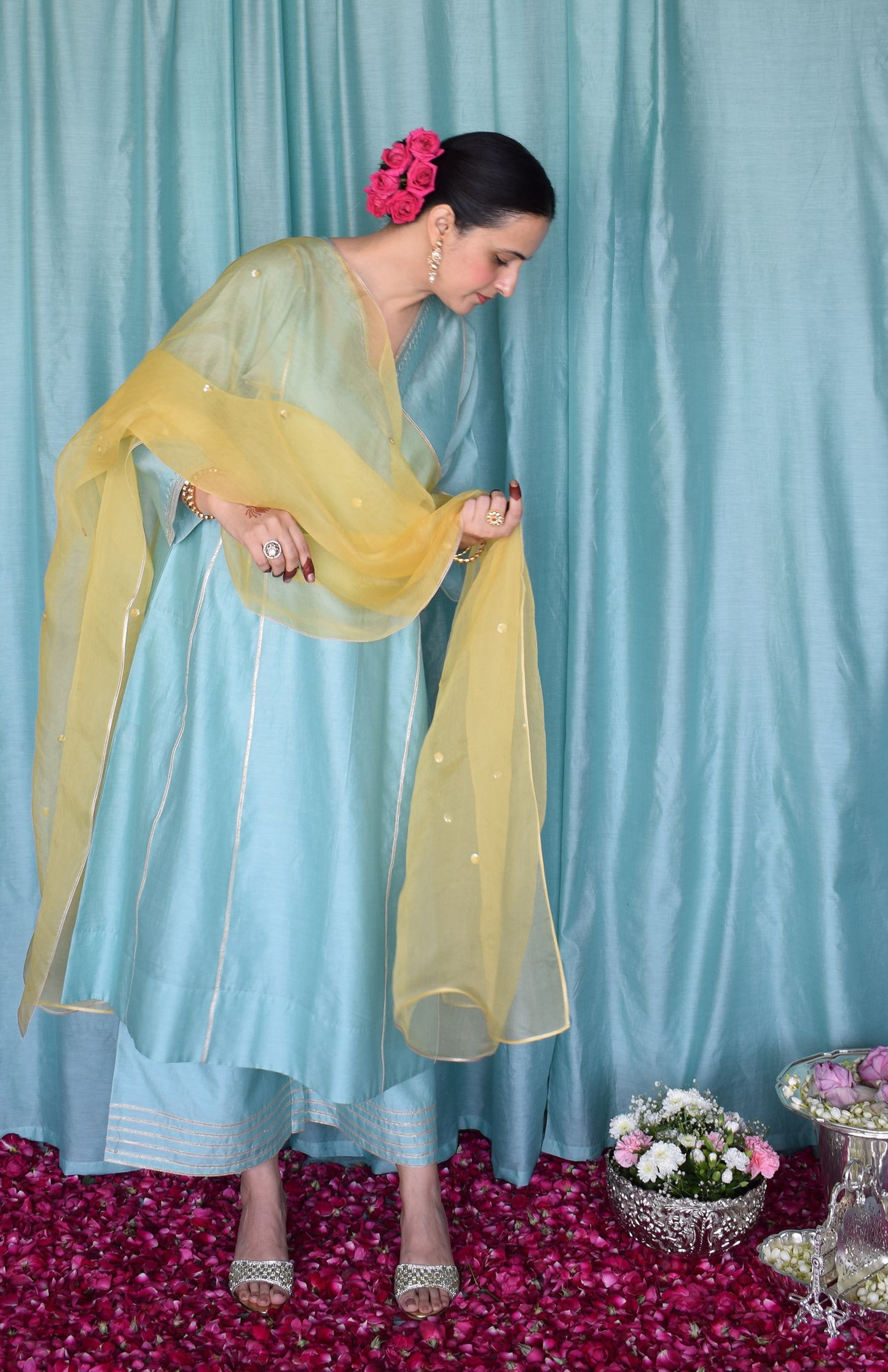 Yellow Silk Organza Hand Embroidered Dupatta