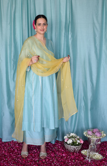 Meher Chanderi Set with Hand Embroidered Phiran Kurta and Wide Legged Pyjama