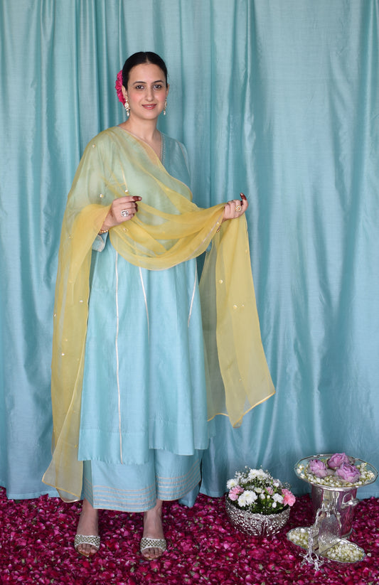 Meher Chanderi Set with Yellow Silk Organza Dupatta