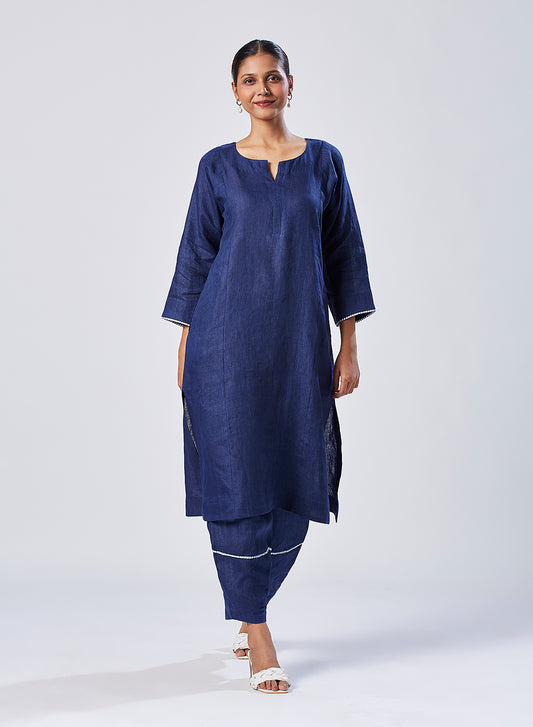 Dark blue linen straight fit paneled kurta set with trousers