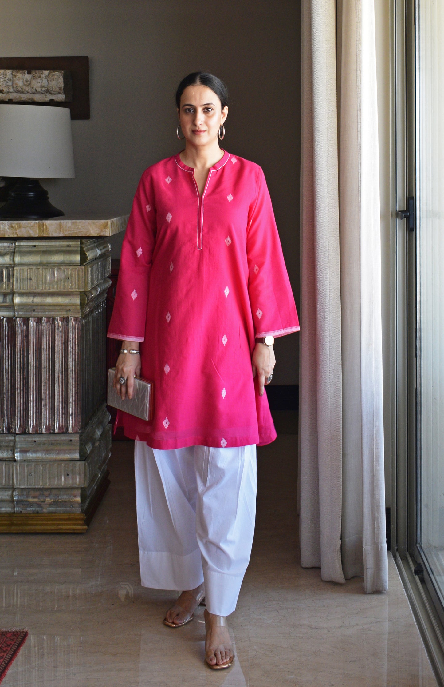Rani Pink Jamdani Short Kurta with Pleated White Pyjama