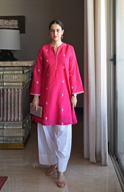 Rani Pink Jamdani Short Kurta with Pleated White Pyjama
