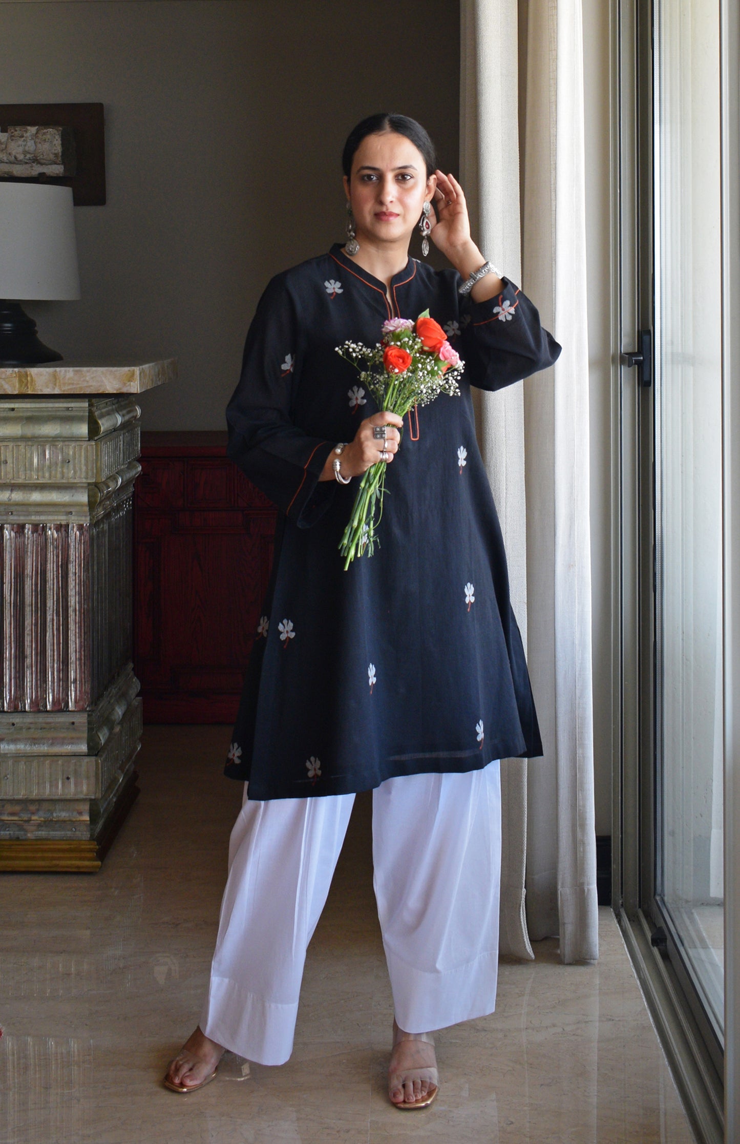 Black Jamdani Short Kurta with Pleated White Pyjama