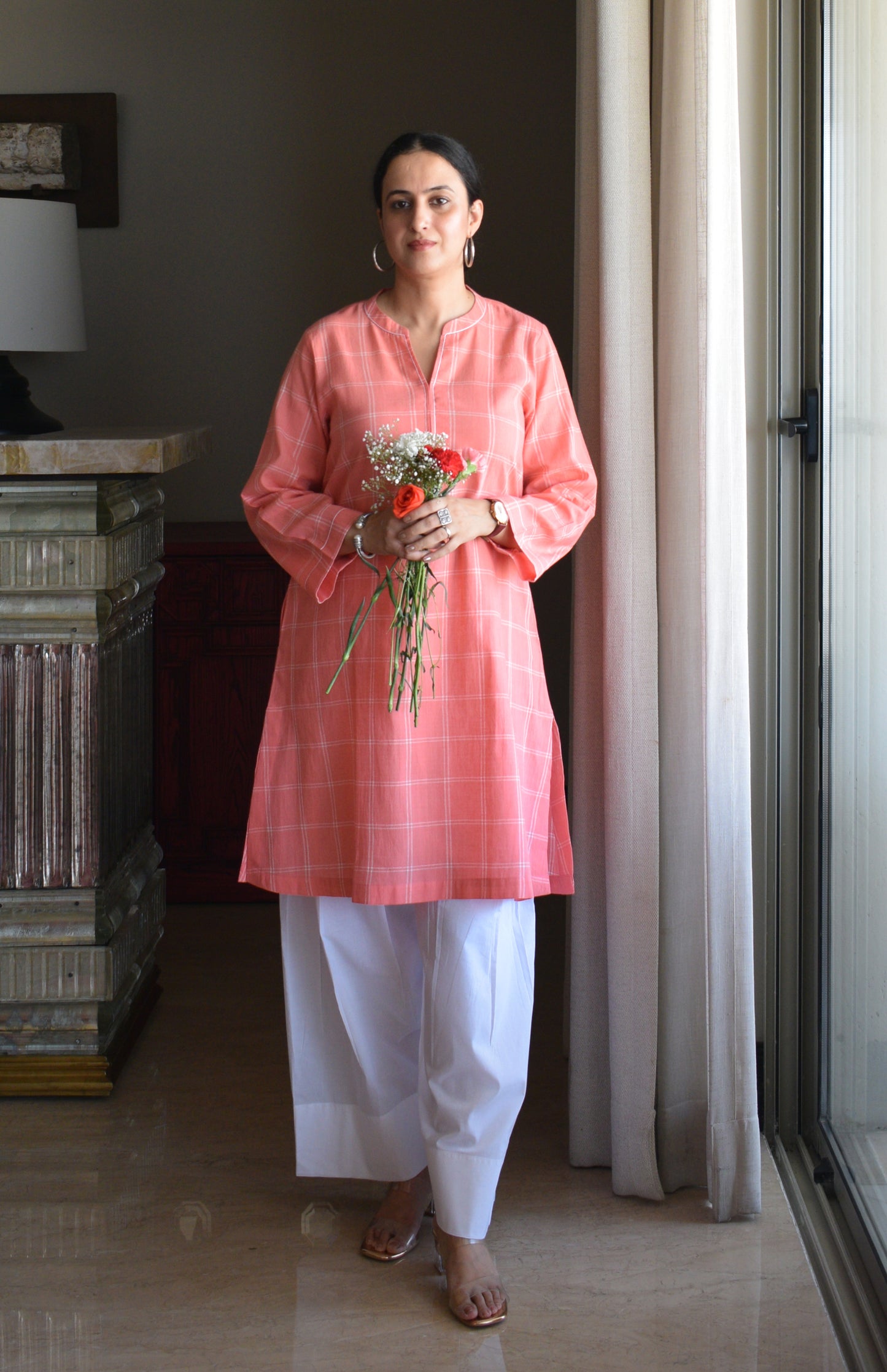 Pink and White Short Kurta in Handwoven Cotton Checks