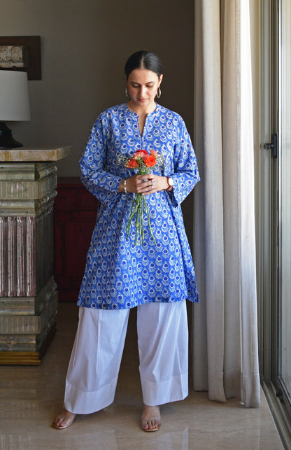 Blue Hand Block Printed Short Kurta