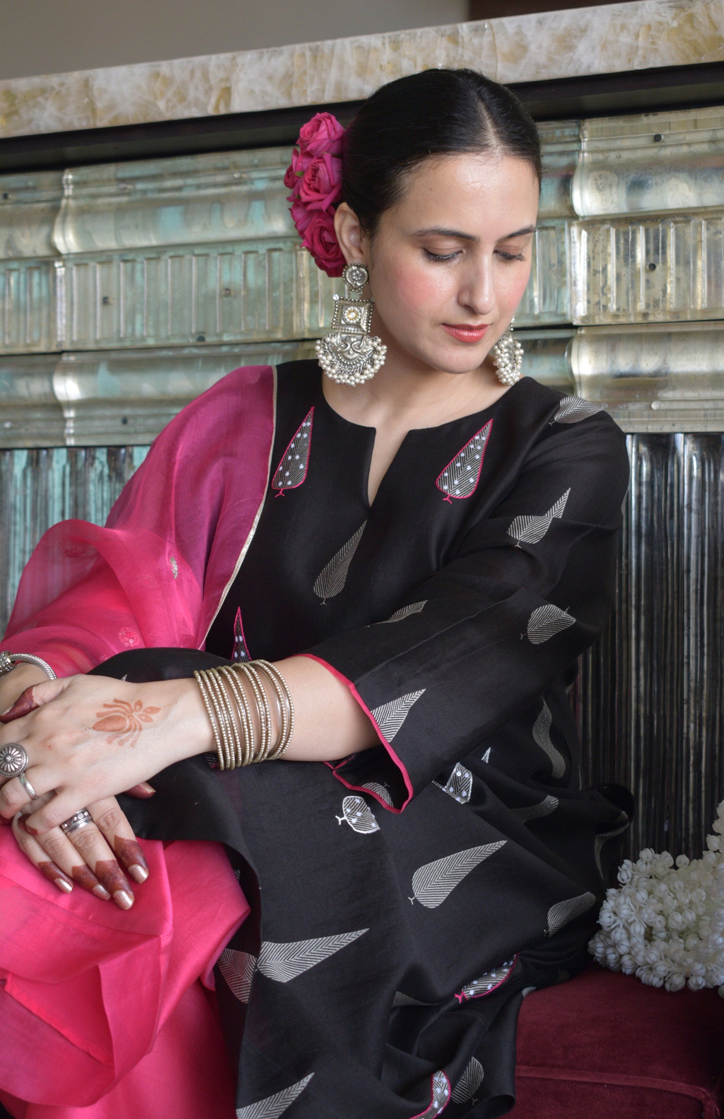 Shyam Chanderi Set with Hand Embroidered A line Kurta and Wide Legged Pyjama