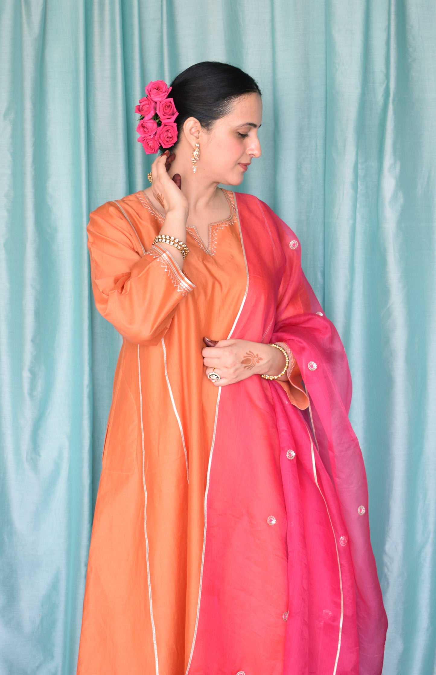 Neerja Chanderi Set with Rani Pink Silk Organza Dupatta