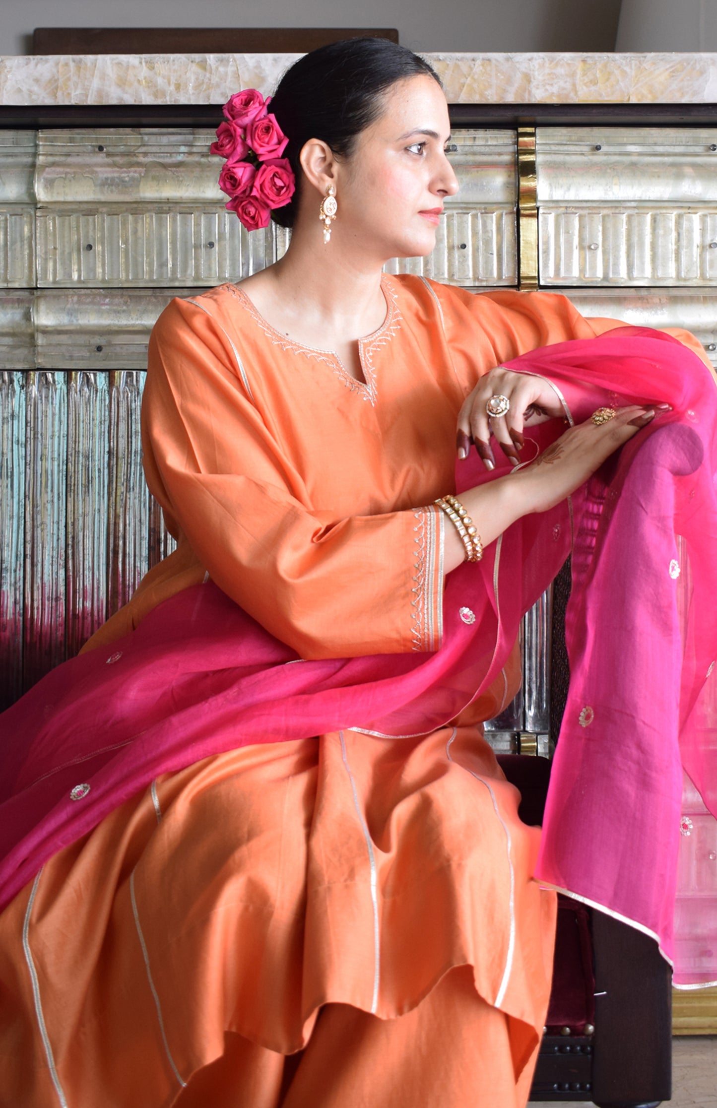 Neerja Chanderi Set with Rani Pink Silk Organza Dupatta
