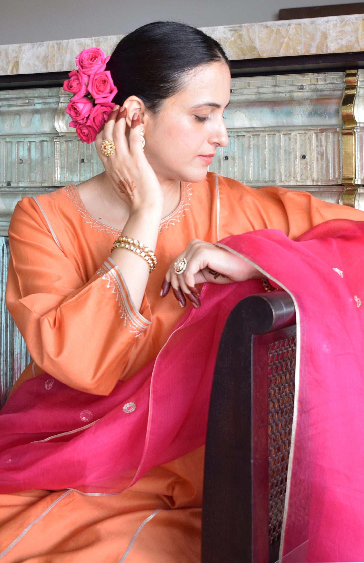 Neerja Chanderi Set with Rani Pink Silk Organza Dupatta