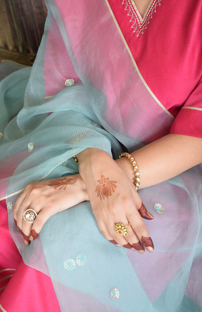 Sea Green Silk Organza Hand Embroidered Dupatta