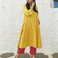 Yellow Flared Cotton Kurta with square neck and pink pyjama