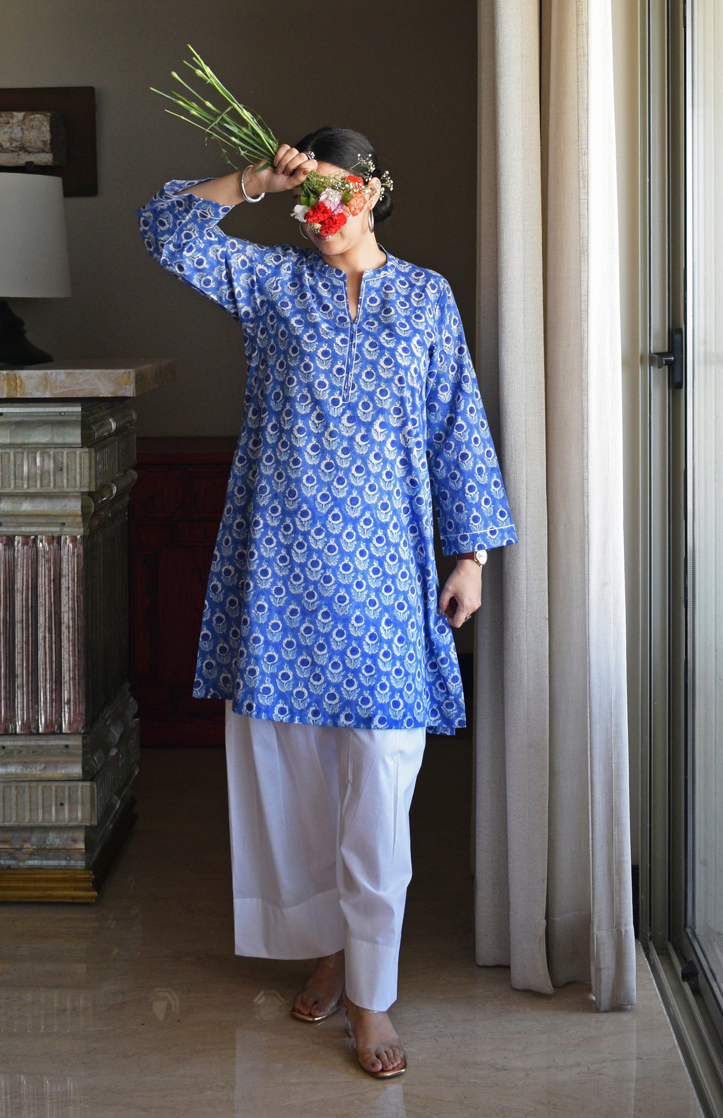 Blue Hand Block Printed Short Kurta