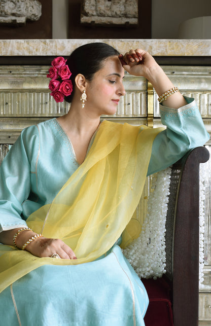 Meher Chanderi Set with Hand Embroidered Phiran Kurta and Wide Legged Pyjama