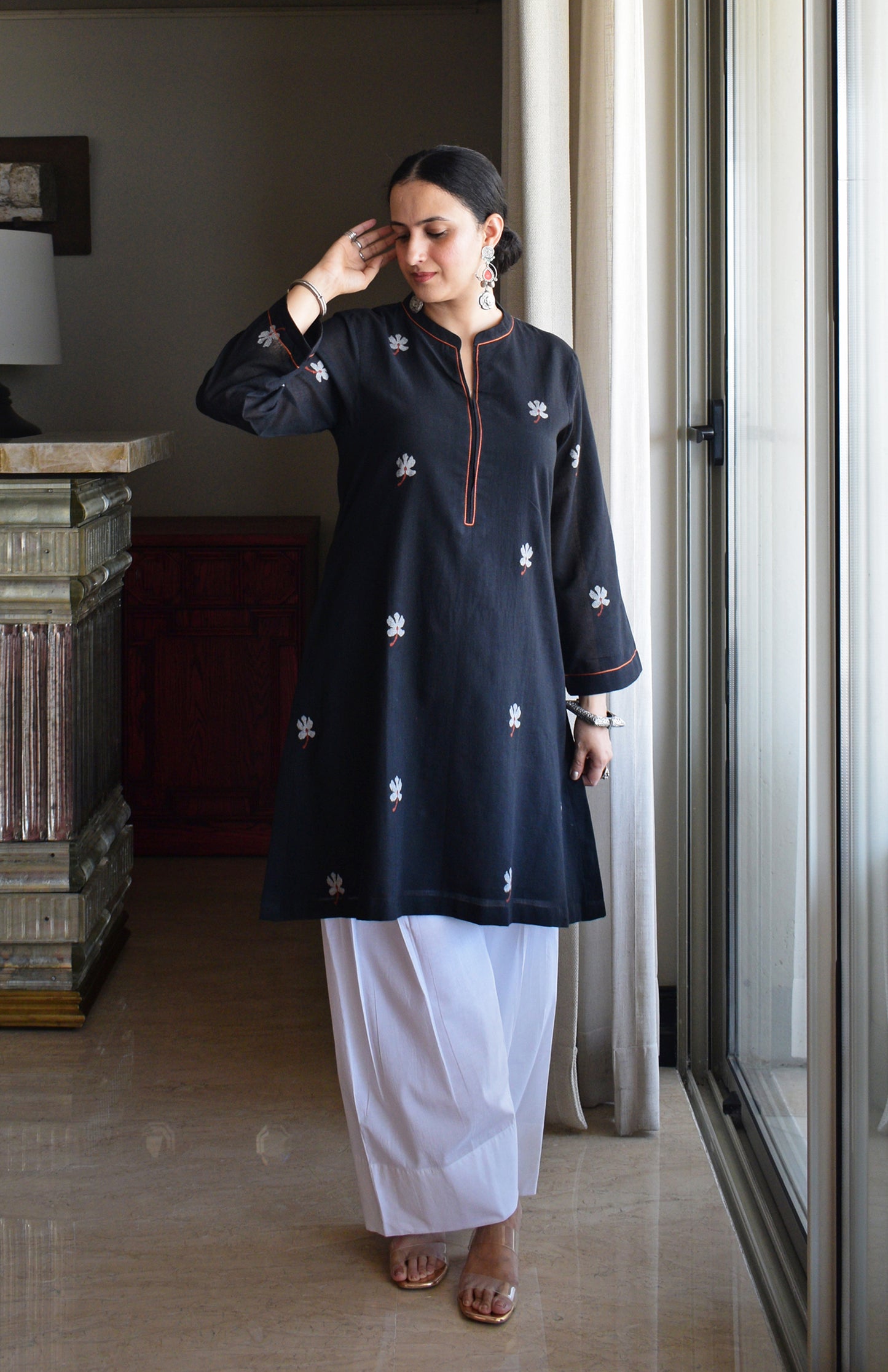 Black Jamdani Short Kurta with Pleated White Pyjama