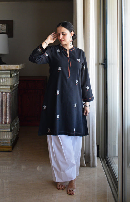 Black Jamdani Short Kurta with Pleated White Pyjama