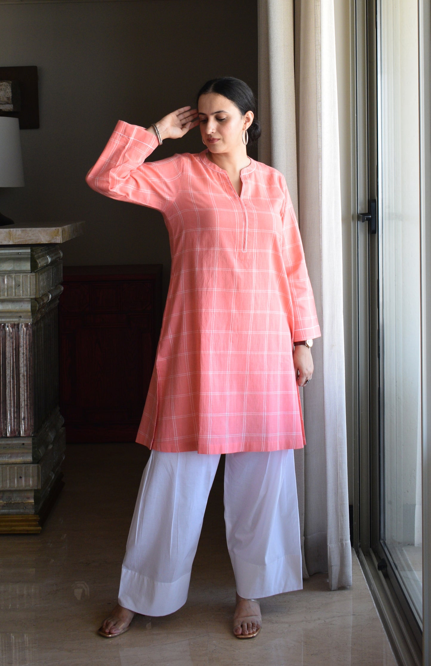 Pink and White Short Kurta in Handwoven Cotton Checks