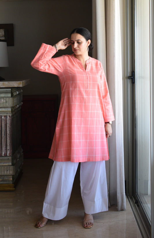 Pink and White Short Kurta in Handwoven Cotton Checks