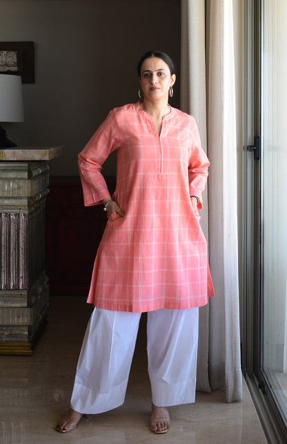 Pink and White Short Kurta in Handwoven Cotton Checks