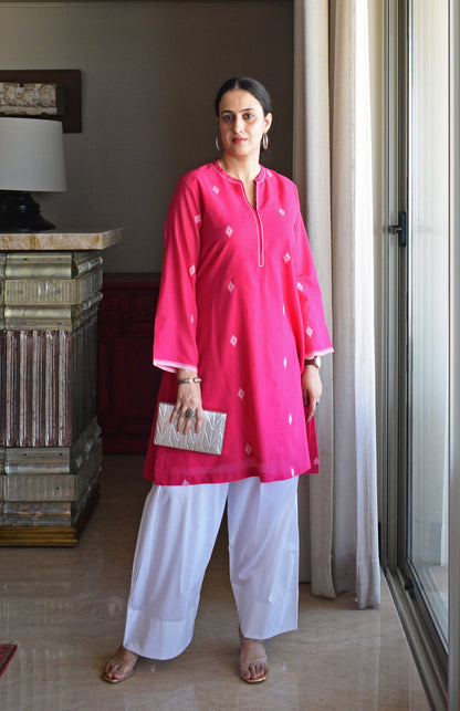 Rani Pink Jamdani Short Kurta with Pleated White Pyjama