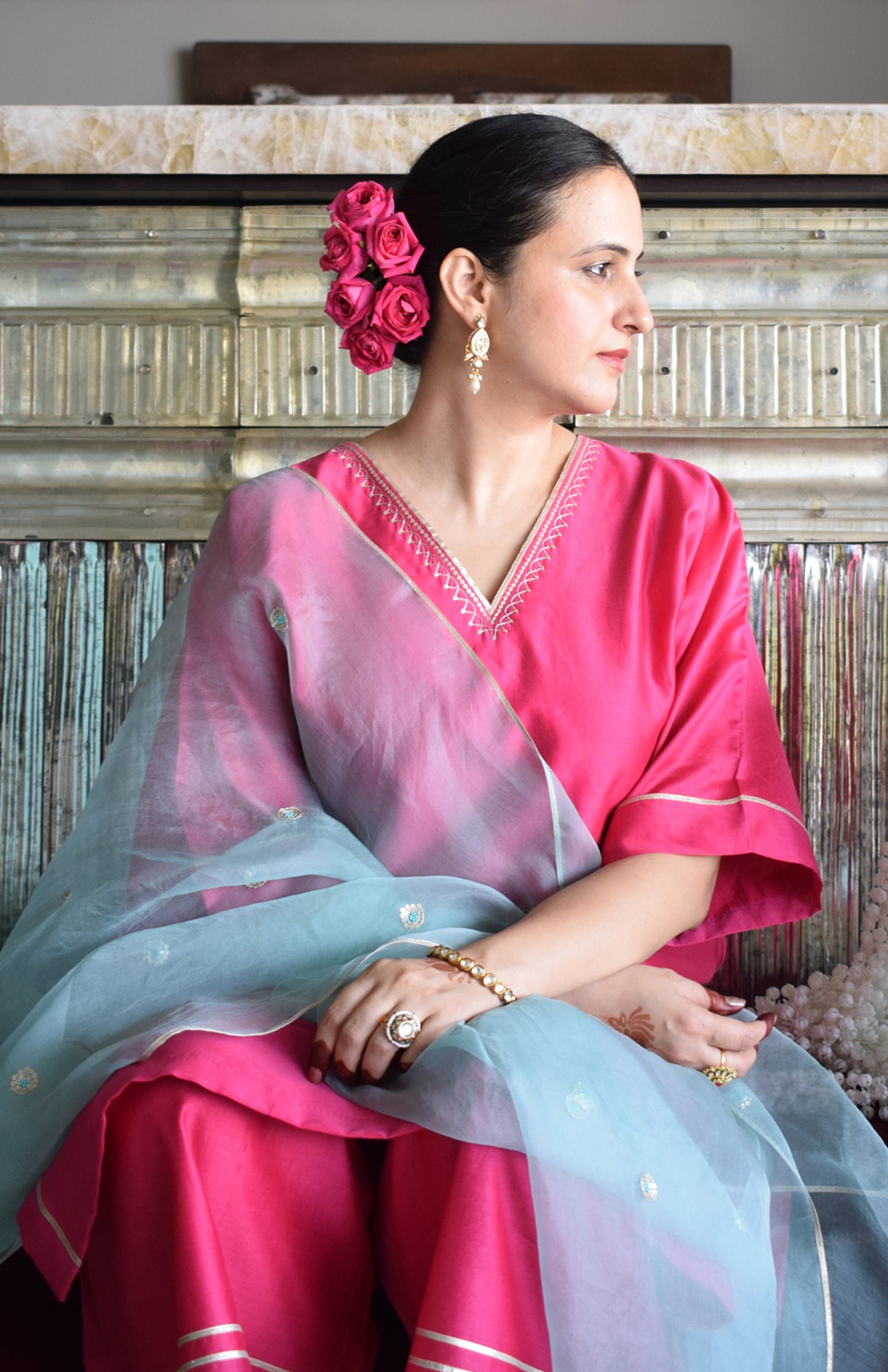 Sea Green Silk Organza Hand Embroidered Dupatta