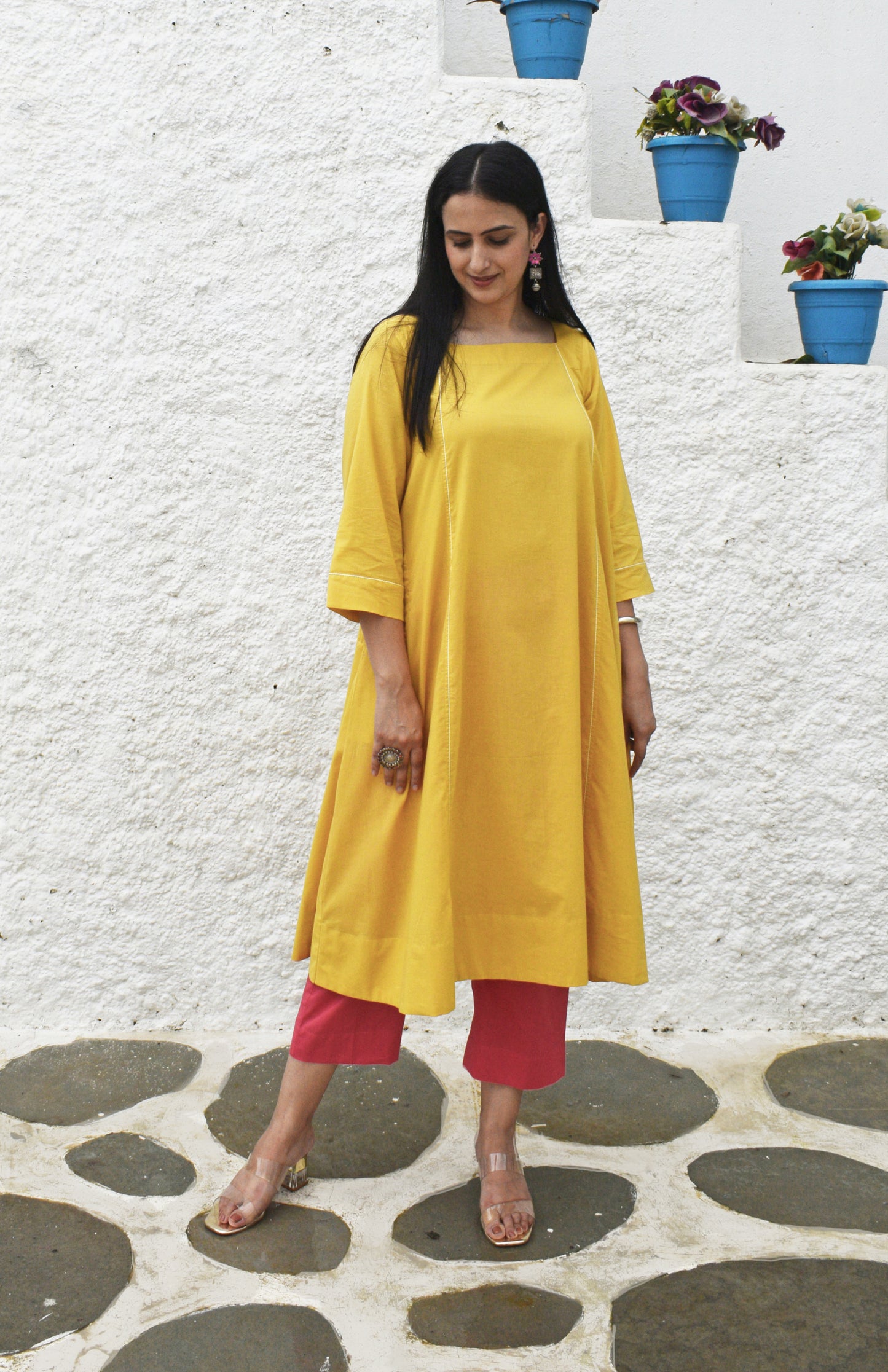 Yellow Flared Cotton Kurta with square neck and pink pyjama