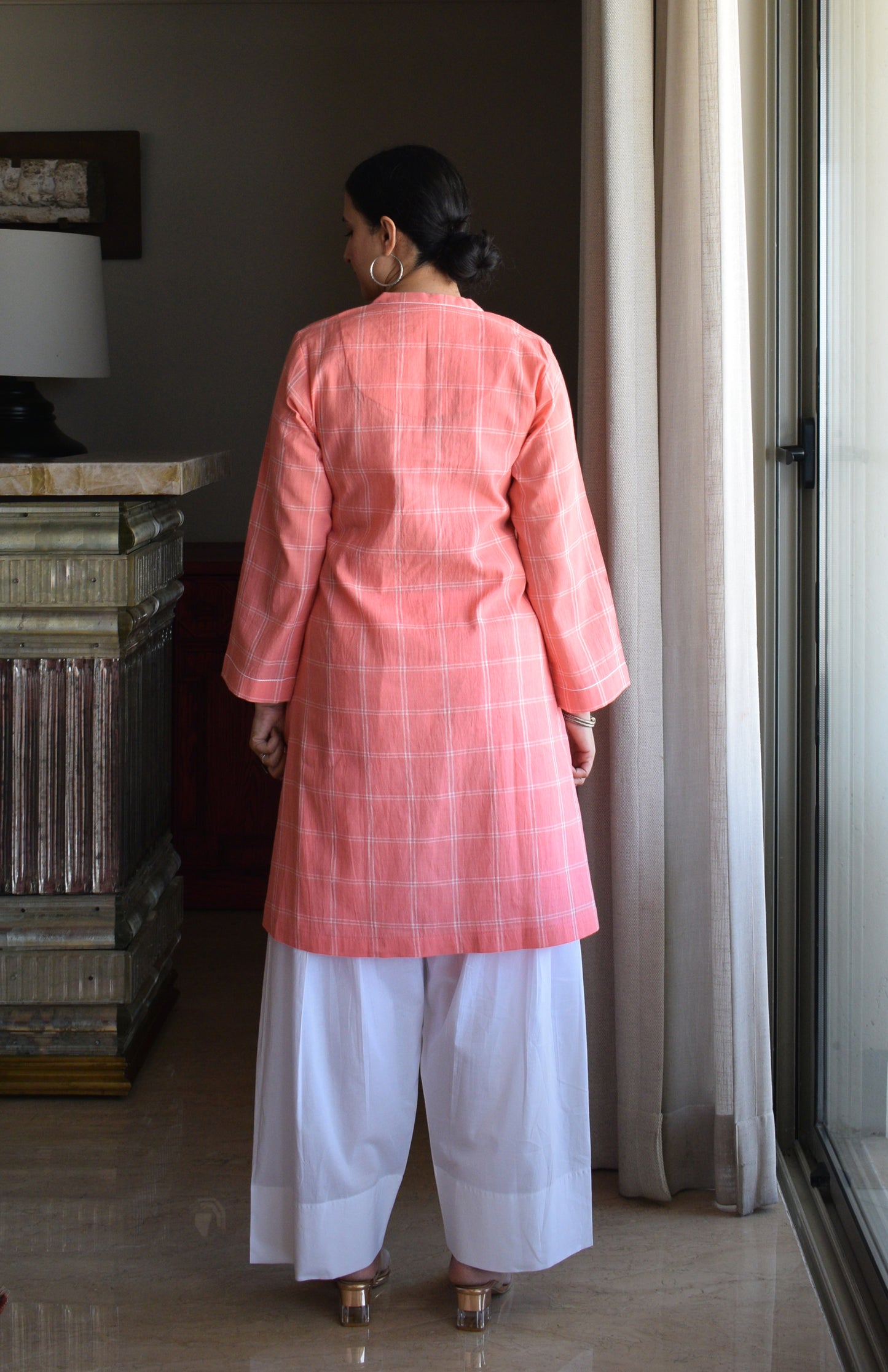 Pink and White Short Kurta in Handwoven Cotton Checks