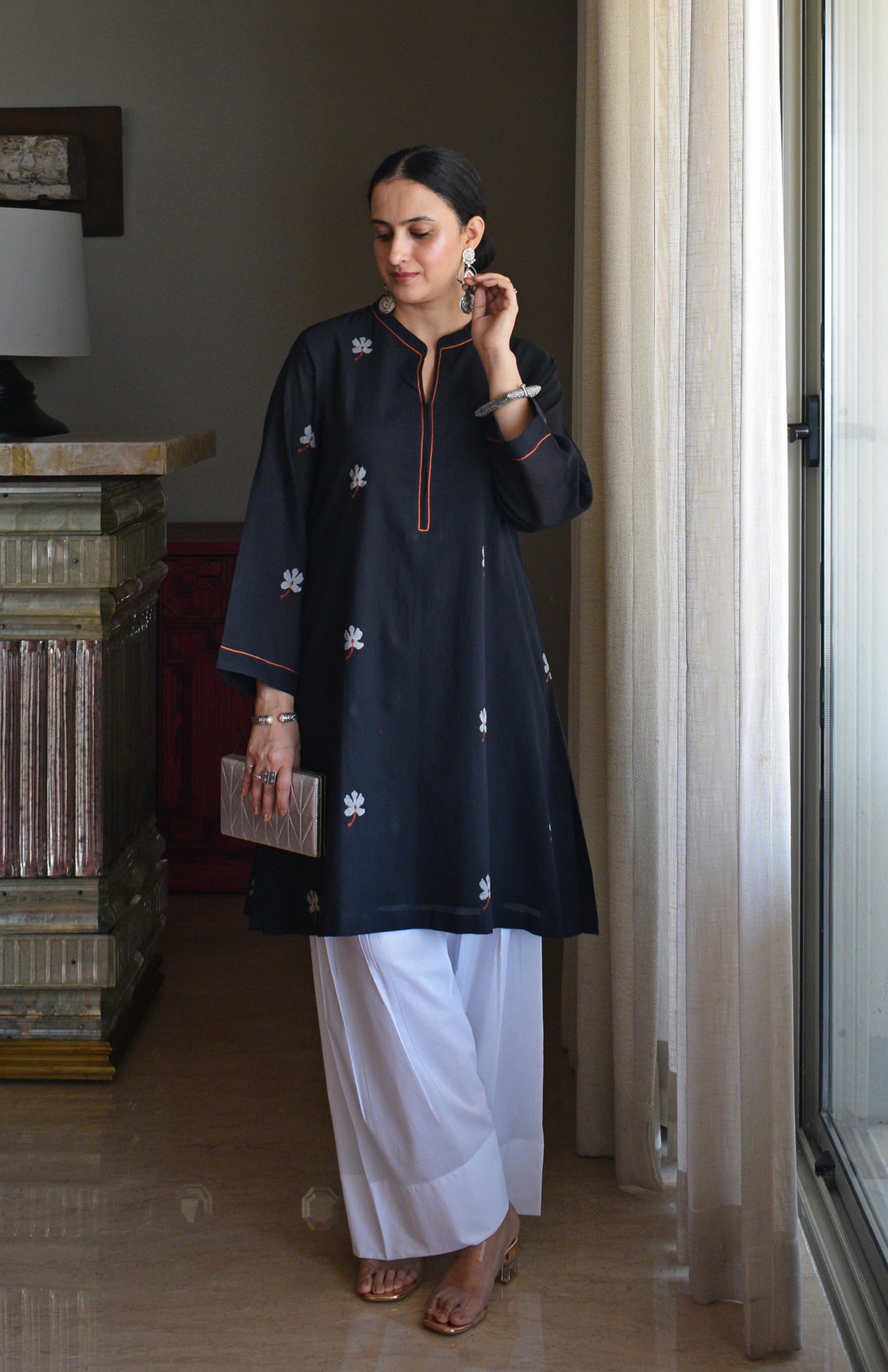 Black Jamdani Short Kurta with Pleated White Pyjama