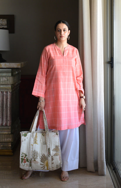 Off white Cotton Printed Quilted Tote Bag