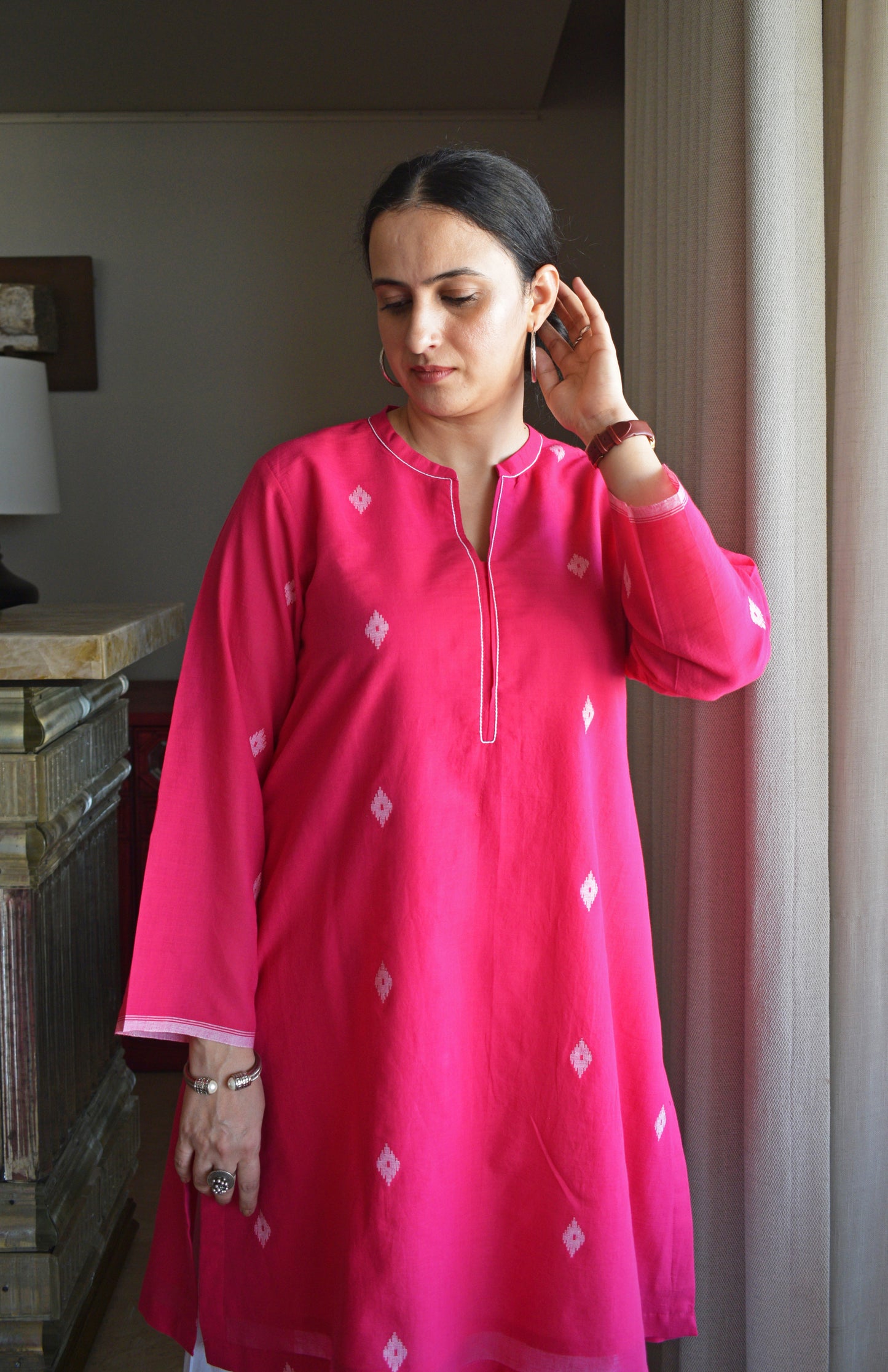 Rani Pink Jamdani Short Kurta with Pleated White Pyjama