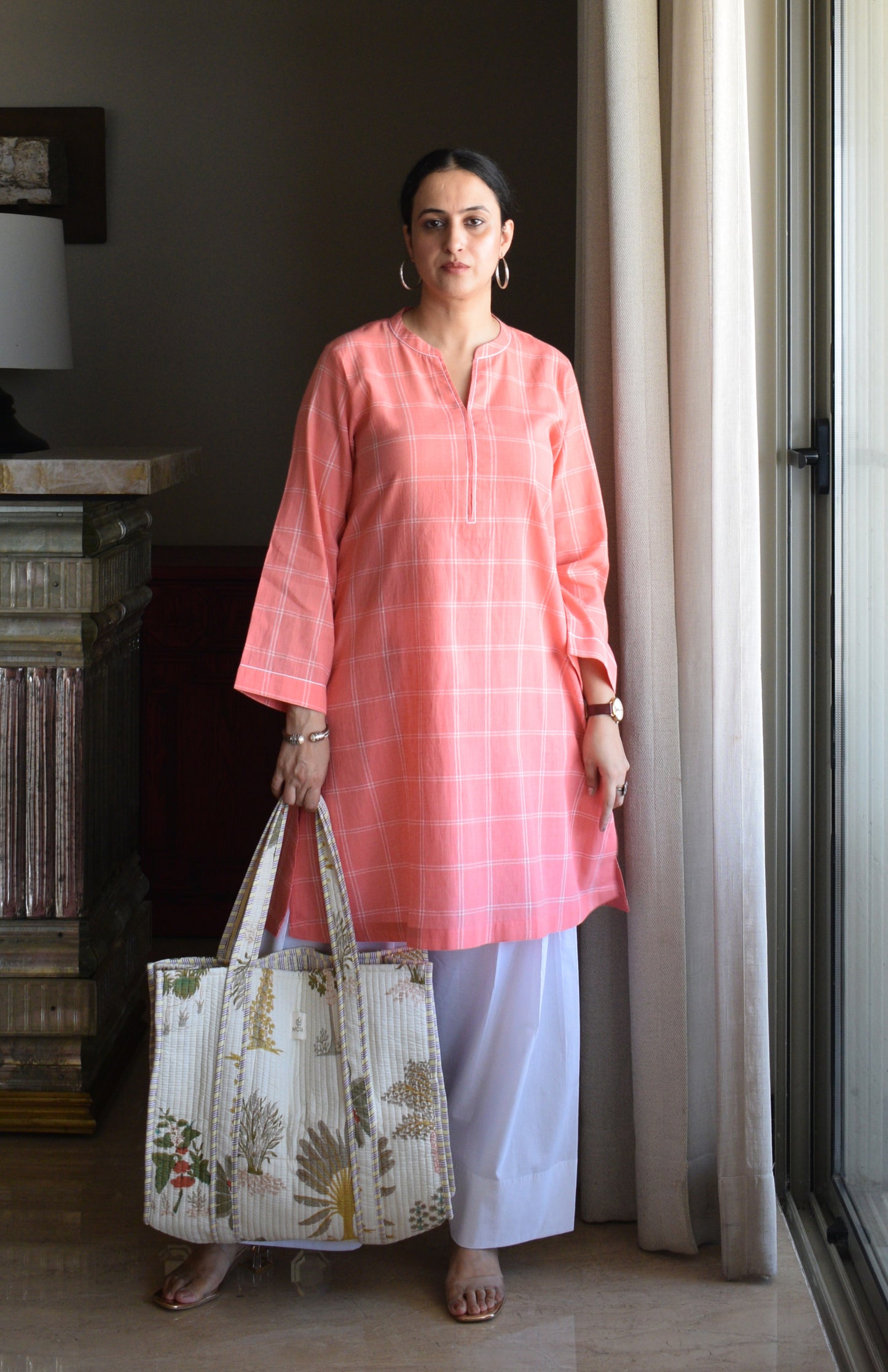 Pink and White Short Kurta in Handwoven Cotton Checks