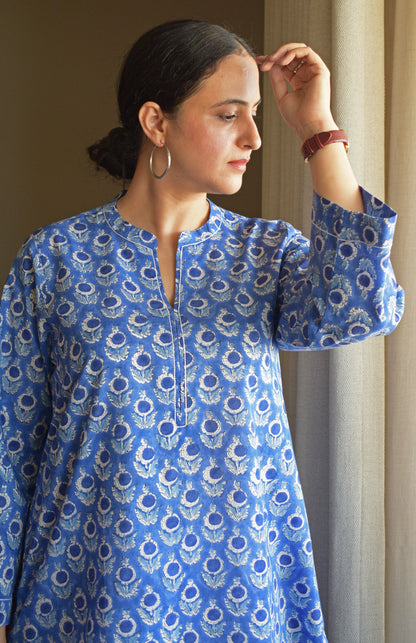 Blue Hand Block Printed Short Kurta