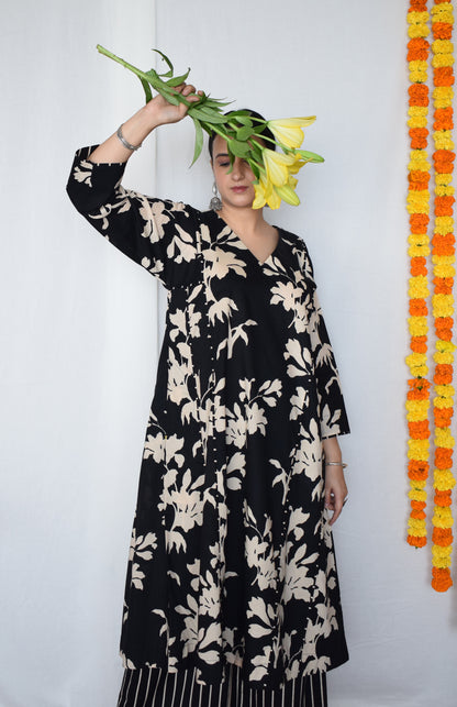 Black floral kurta set with striped pajama