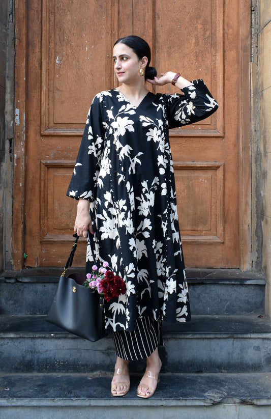 Black floral kurta set with striped pajama