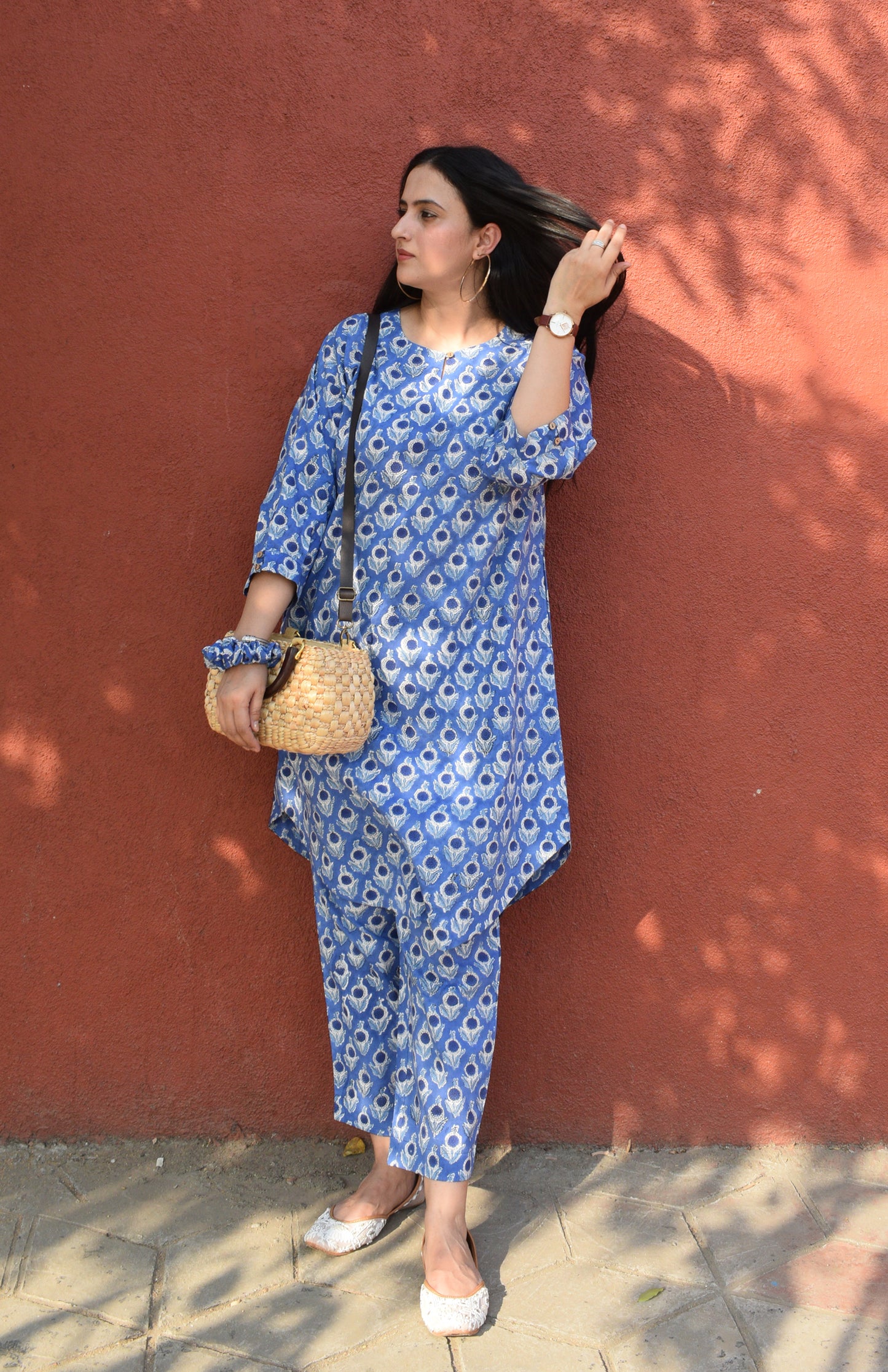 Blue and White Floral Hand block printed Antifit co-ord set